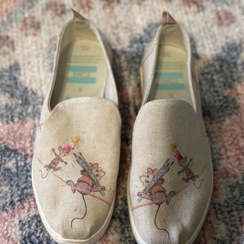 Disney x Toms Cream Canvas Flats Gus and Jaq slip ons